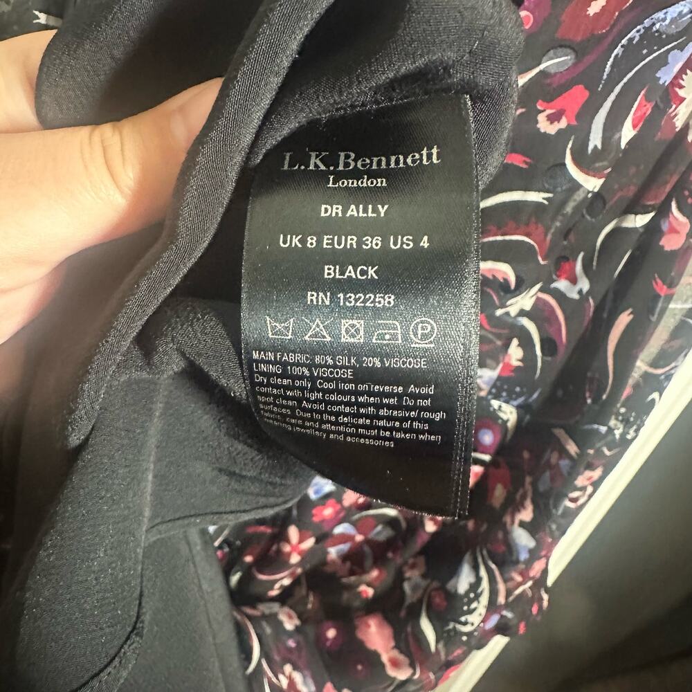 LK Bennett Women's Dr Ally Black Floral Silk Long Sleeve Dress Size 4 - Picture 8 of 12